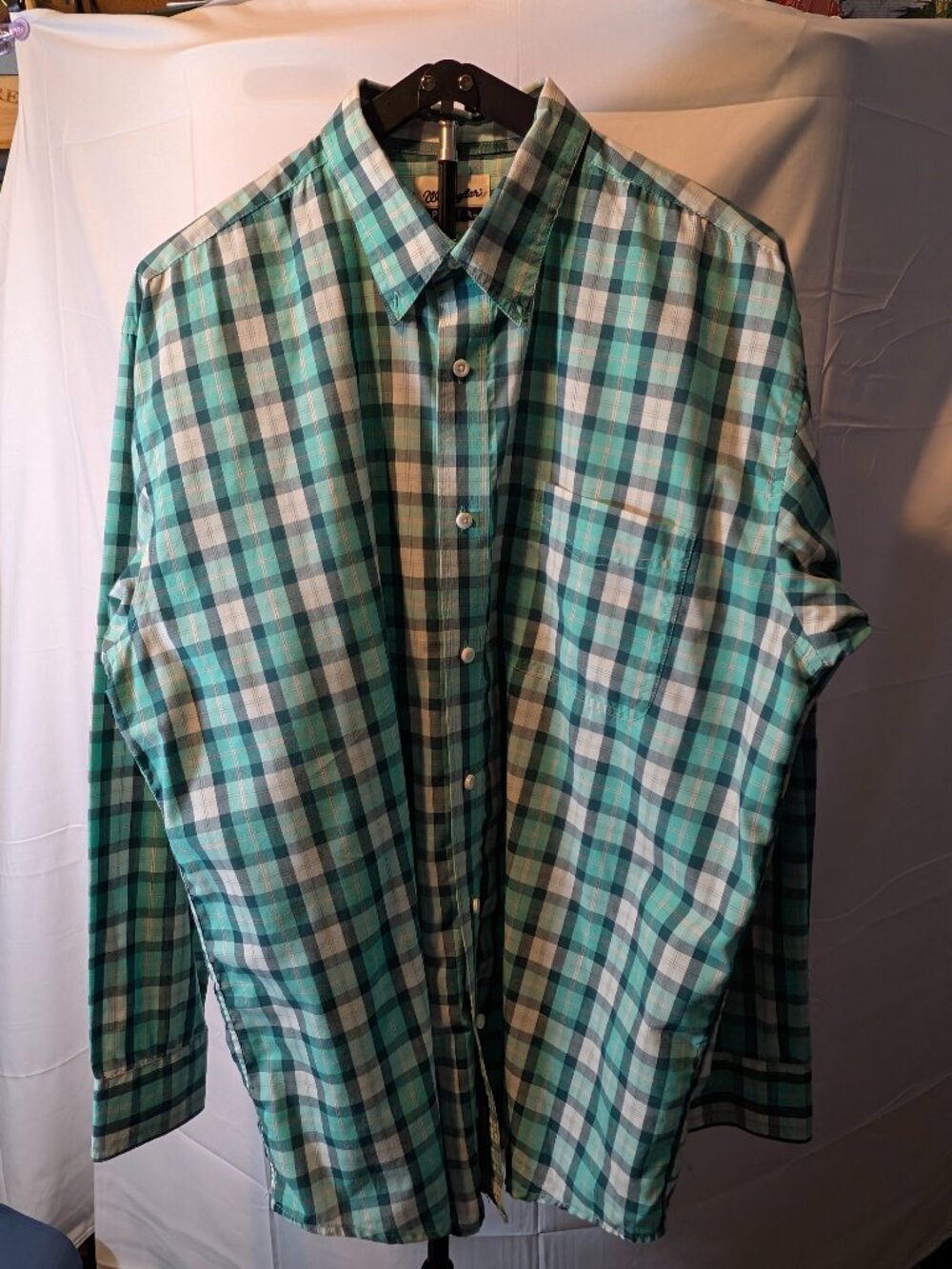 WRANGLER RIATA Size XL Green Plaid Long Sleeve Button Up Cotton Button Up Collar